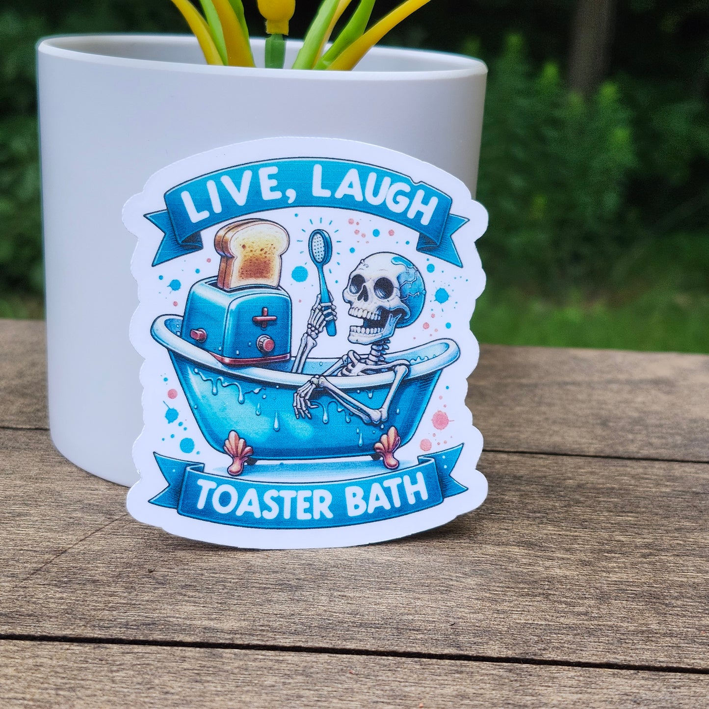 Funny Skeleton Bathtub Sticker – “Live Laugh Toaster Bath” Dark Humor Vinyl Decal