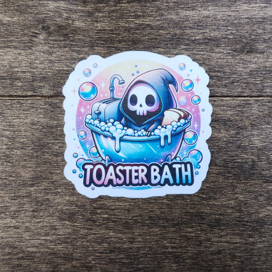 Toaster Bath Sticker – Cute Grim Reaper Vinyl Sticker – Dark Humor Waterproof Sticker for Laptop, Notebook, or Water Bottle
