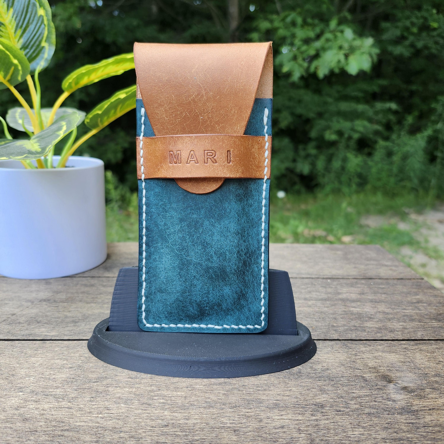 Handmade Leather Case front showcasing the custom name