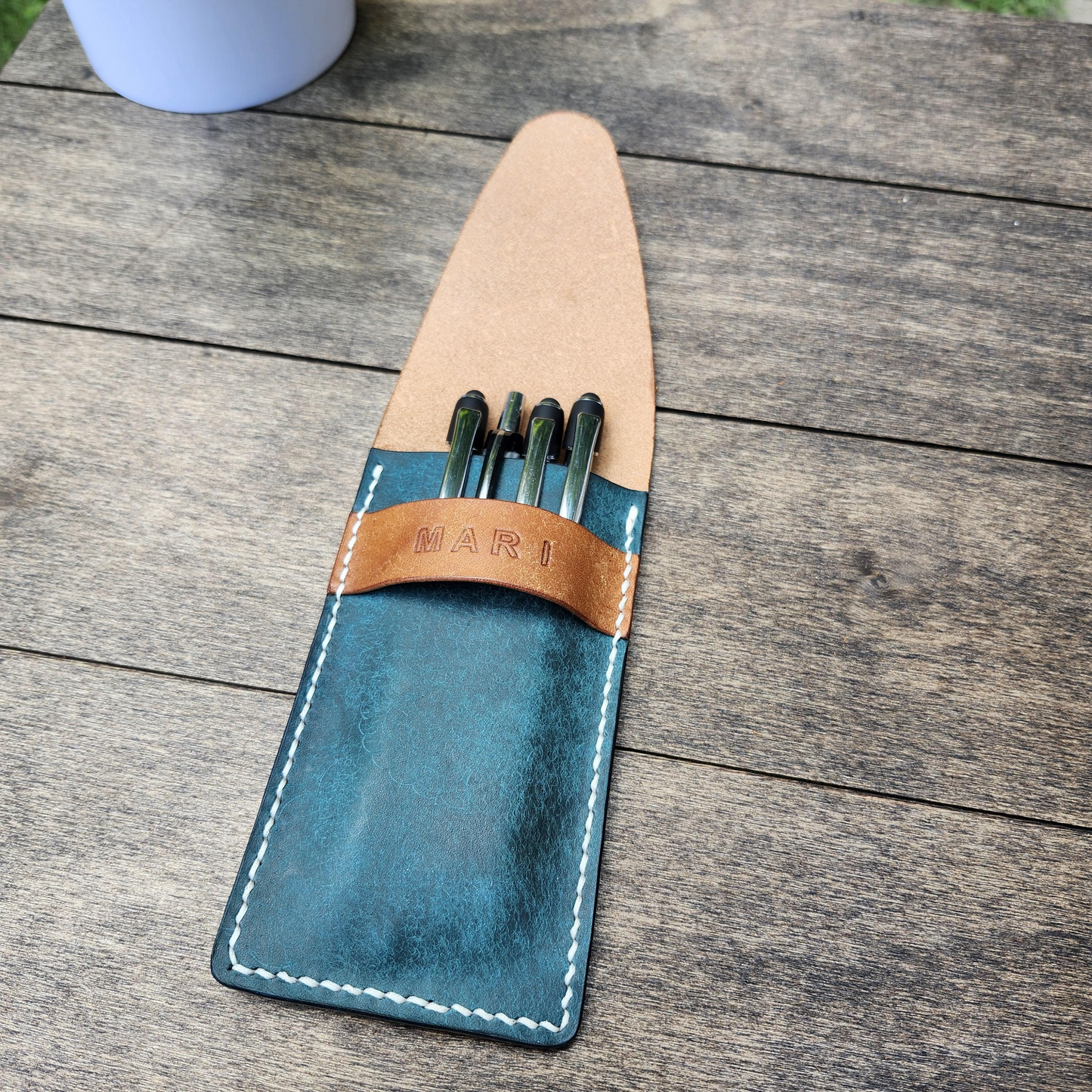 Handmade Leather Case open with pens showing