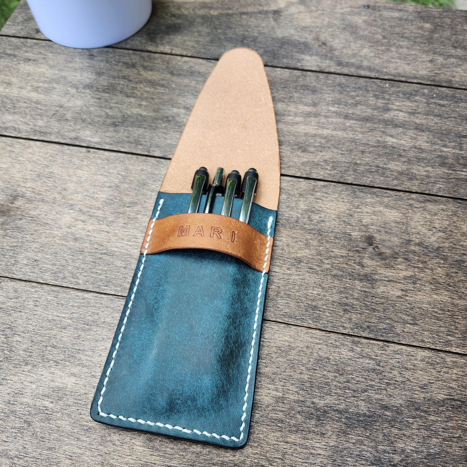 Handmade Leather Case open with pens showing