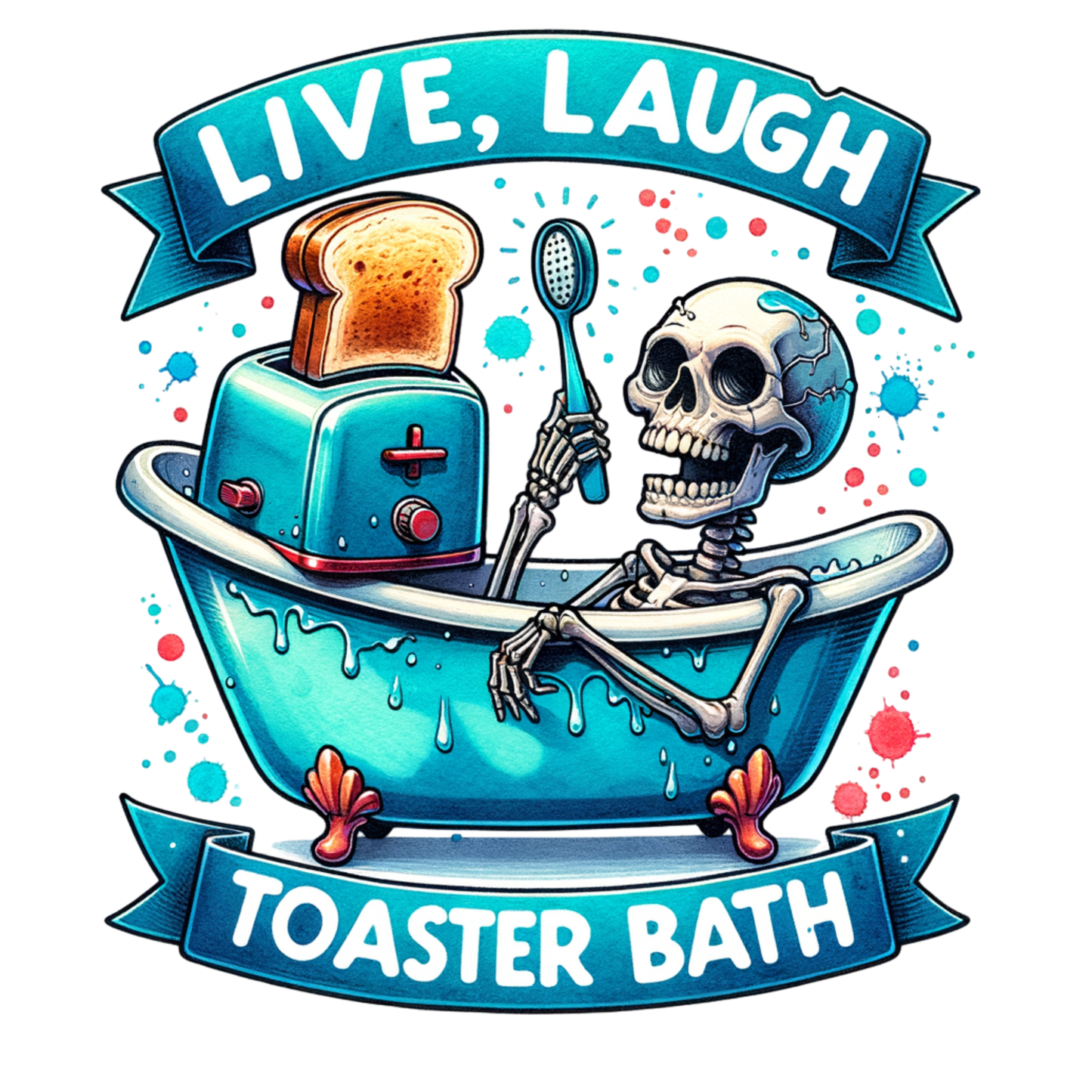 Funny Skeleton Bathtub Sticker – “Live Laugh Toaster Bath” Dark Humor Vinyl Decal