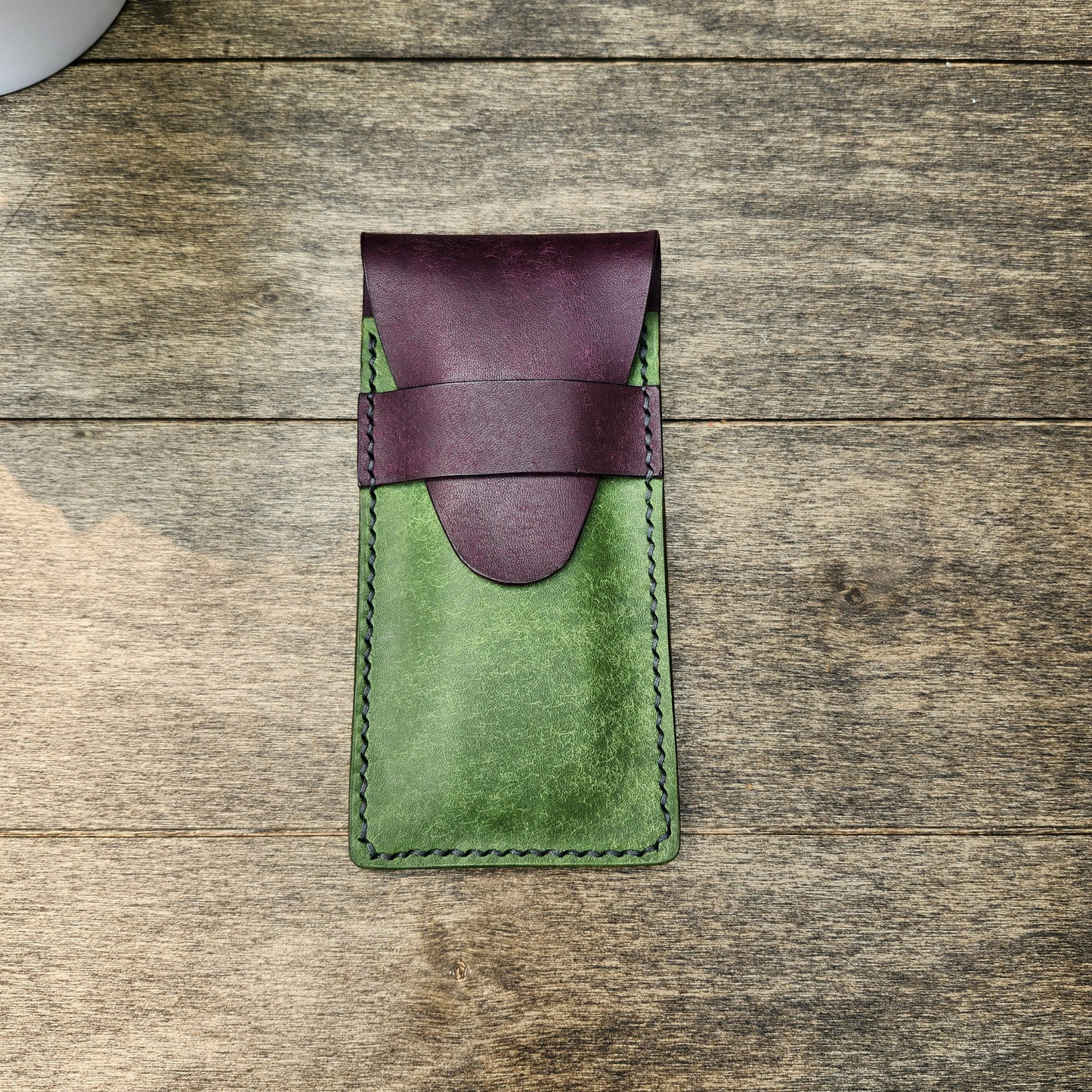 Leather Pen Case Handmade, Leather Pencil Case, Fountain Pen Holder, Hand-sewn Leather Pen Holder, Pen Sleeve Violet and Emerald