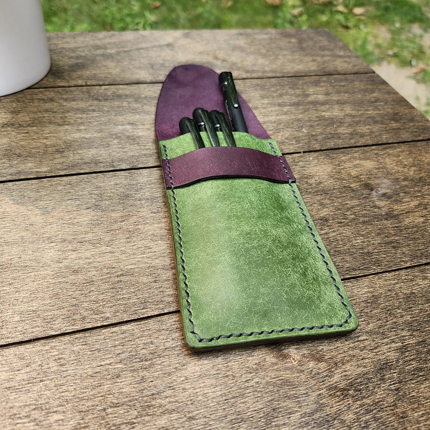 Leather Pen Case Handmade, Leather Pencil Case, Fountain Pen Holder, Hand-sewn Leather Pen Holder, Pen Sleeve Violet and Emerald