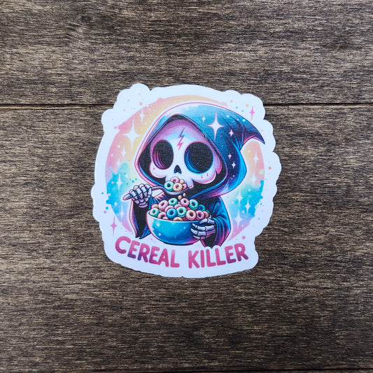 Cereal Killer Sticker – Cute Grim Reaper Vinyl Sticker – Funny Breakfast Pun Sticker – Waterproof Spooky Sticker for Laptop or Water Bottle
