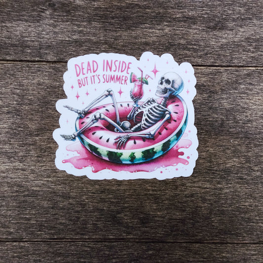 Dead Inside But It’s Summer Sticker – Funny Skeleton Pool Float Vinyl Sticker – Waterproof Summer Humor Decal for Laptops & Tumblers