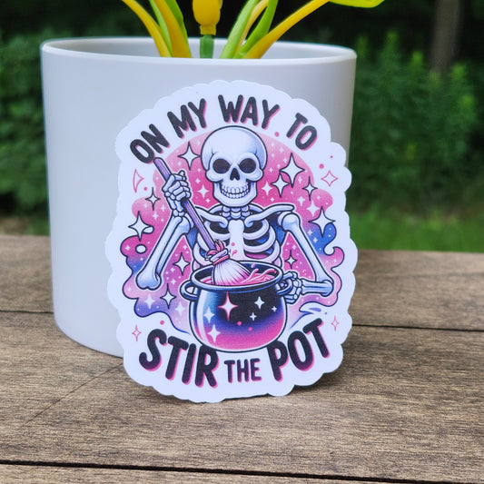 On My Way to Stir the Pot Sticker – Funny Skeleton Vinyl Sticker – Waterproof Pot Stirring Sticker for Laptops, Water Bottles, and Journals