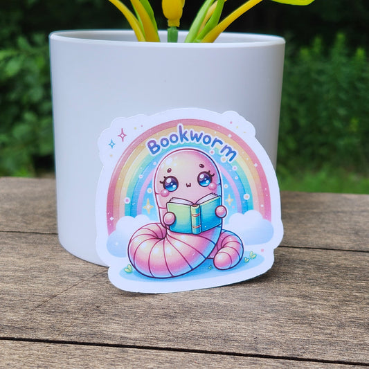 Bookworm Sticker – Cute Worm Reading Book Vinyl Sticker for Book Lovers, Journals & Laptops