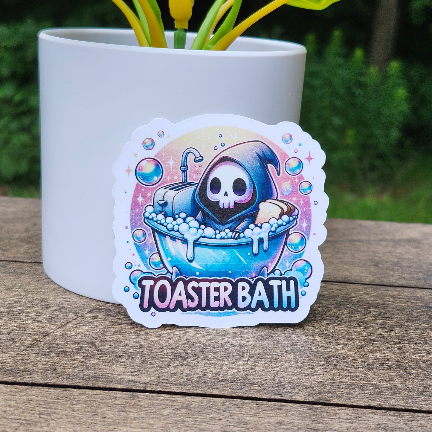 Toaster Bath Sticker – Cute Grim Reaper Vinyl Sticker – Dark Humor Waterproof Sticker for Laptop, Notebook, or Water Bottle