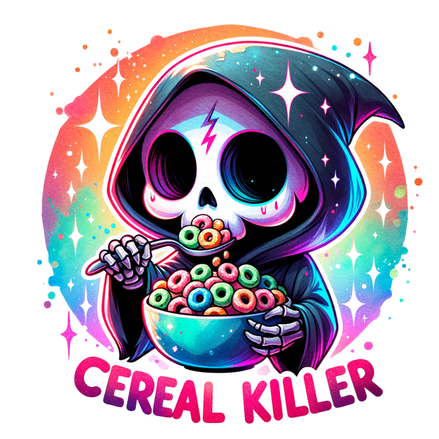 Cereal Killer Sticker – Cute Grim Reaper Vinyl Sticker – Funny Breakfast Pun Sticker – Waterproof Spooky Sticker for Laptop or Water Bottle