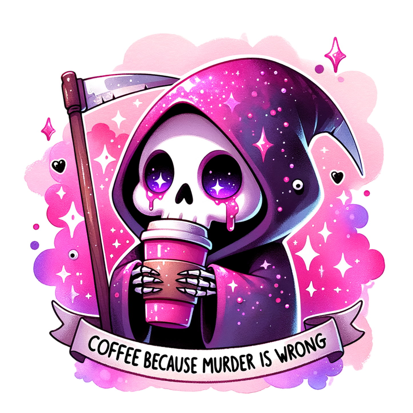 Cute Grim Reaper Coffee Sticker – “Coffee Because Murder Is Wrong” Funny Vinyl Decal