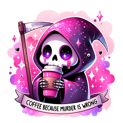 Cute Grim Reaper Coffee Sticker – “Coffee Because Murder Is Wrong” Funny Vinyl Decal
