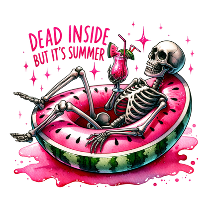 Dead Inside But It’s Summer Sticker – Funny Skeleton Pool Float Vinyl Sticker – Waterproof Summer Humor Decal for Laptops & Tumblers
