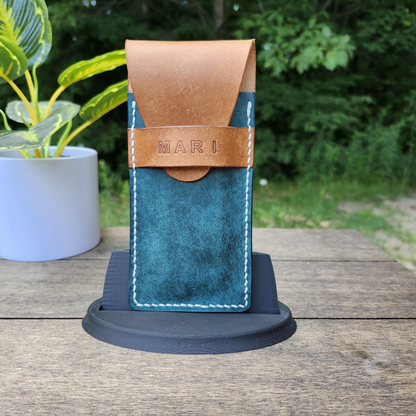 Handmade Leather Case front showcasing the custom name