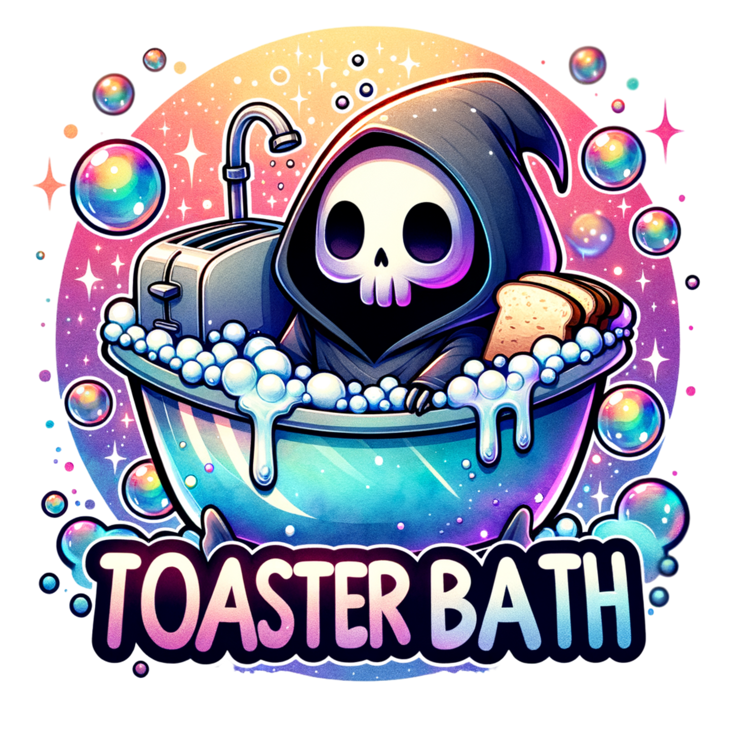 Toaster Bath Sticker – Cute Grim Reaper Vinyl Sticker – Dark Humor Waterproof Sticker for Laptop, Notebook, or Water Bottle