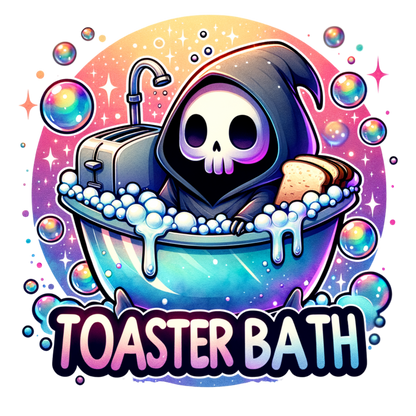 Toaster Bath Sticker – Cute Grim Reaper Vinyl Sticker – Dark Humor Waterproof Sticker for Laptop, Notebook, or Water Bottle