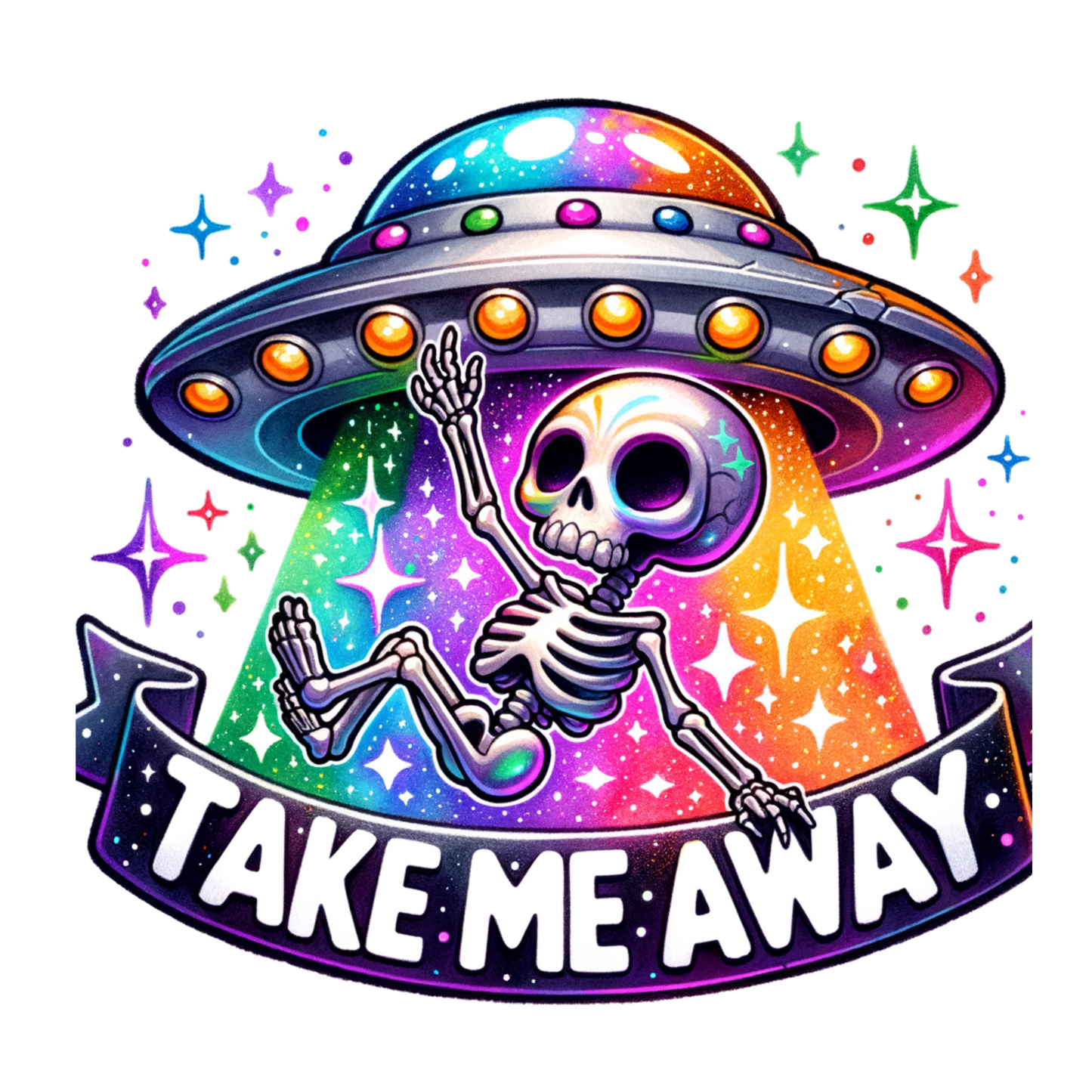 Take Me Away Sticker – UFO Abducting Skeleton Vinyl Sticker – Funny Alien Sticker for Laptop, Water Bottle, Journal