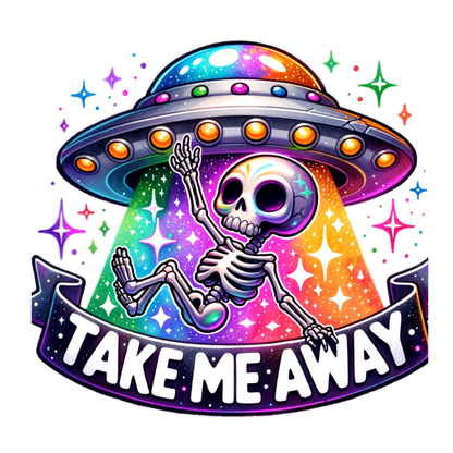 Take Me Away Sticker – UFO Abducting Skeleton Vinyl Sticker – Funny Alien Sticker for Laptop, Water Bottle, Journal