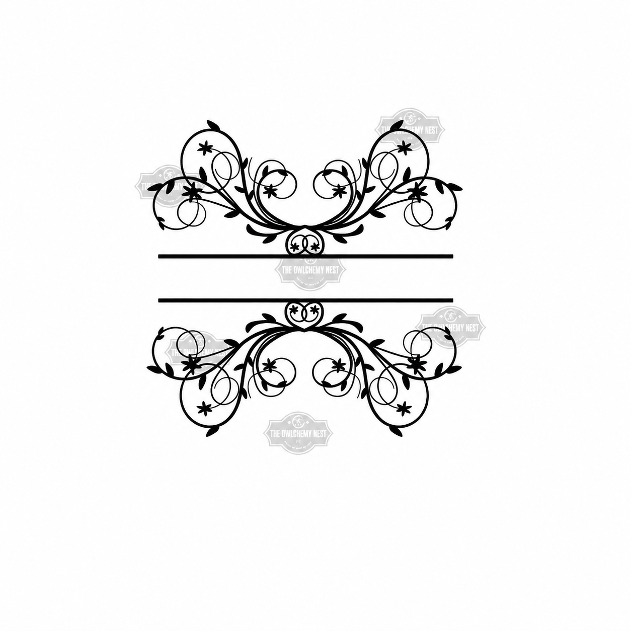 Black symmetrical floral flourish frame design with two horizontal name lines.