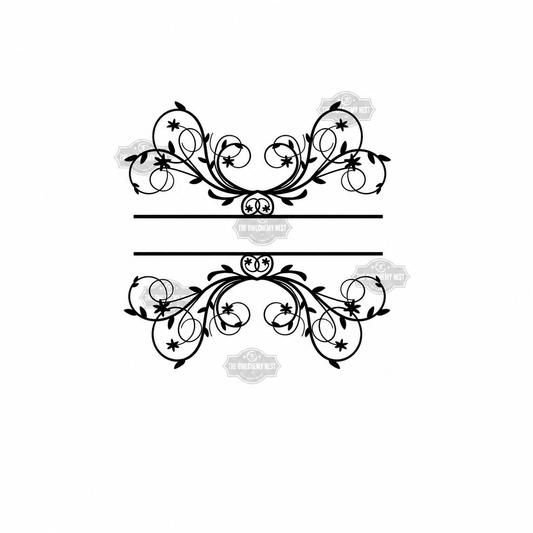Black symmetrical floral flourish frame design with two horizontal name lines.