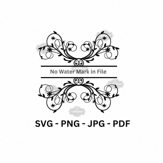 Floral flourish split-frame design preview with SVG, PNG, JPG, and PDF file formats listed.