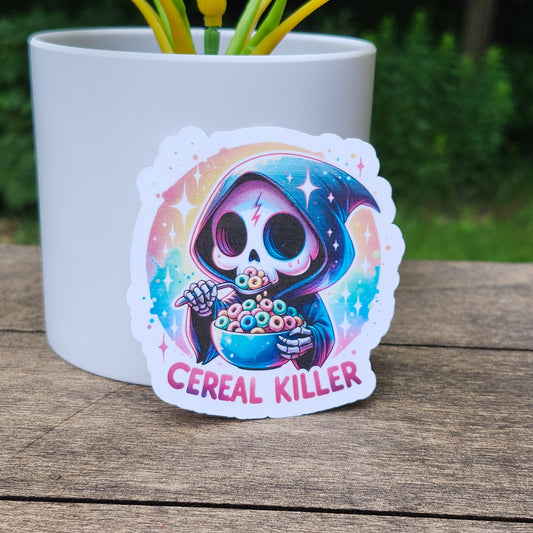 Cereal Killer Sticker – Cute Grim Reaper Vinyl Sticker – Funny Breakfast Pun Sticker – Waterproof Spooky Sticker for Laptop or Water Bottle