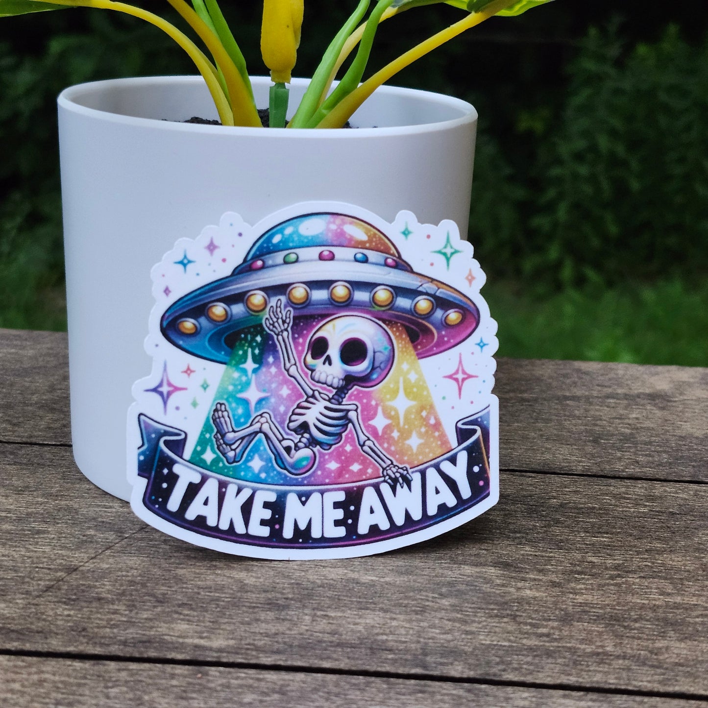 Take Me Away Sticker – UFO Abducting Skeleton Vinyl Sticker – Funny Alien Sticker for Laptop, Water Bottle, Journal