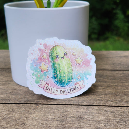 🥒 Dilly Dallying – Holographic Pickle Sticker