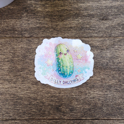🥒 Dilly Dallying – Holographic Pickle Sticker