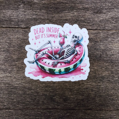 Dead Inside But It’s Summer Sticker – Funny Skeleton Pool Float Vinyl Sticker – Waterproof Summer Humor Decal for Laptops & Tumblers