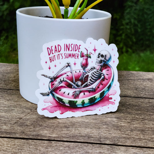 Dead Inside But It’s Summer Sticker – Funny Skeleton Pool Float Vinyl Sticker – Waterproof Summer Humor Decal for Laptops & Tumblers