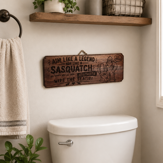 Walnut Sasquatch bathroom sign displayed above a toilet in a styled bathroom