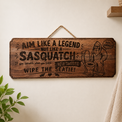Close-up lifestyle view of the Aim Like a Legend Sasquatch walnut bathroom sign
