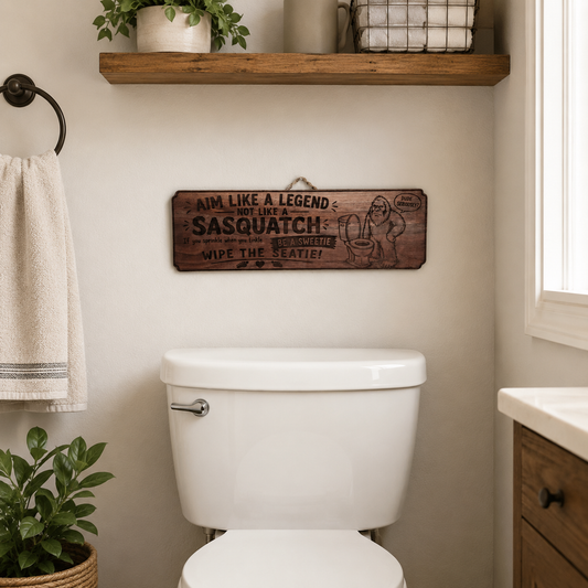 Wide bathroom view showing the scale of the hanging walnut Sasquatch sign